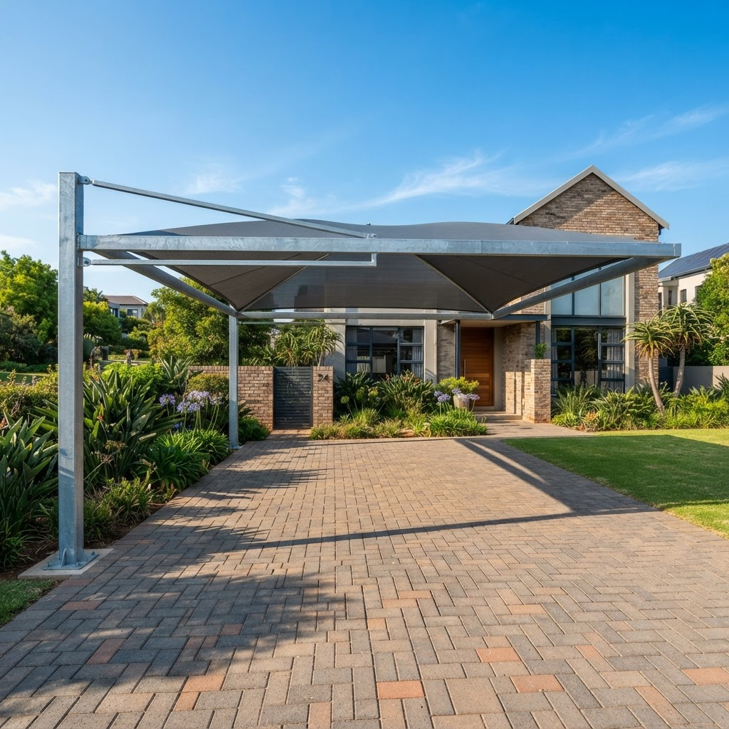 Completed cantilever shadeport over a residential driveway by AJT Enterprise